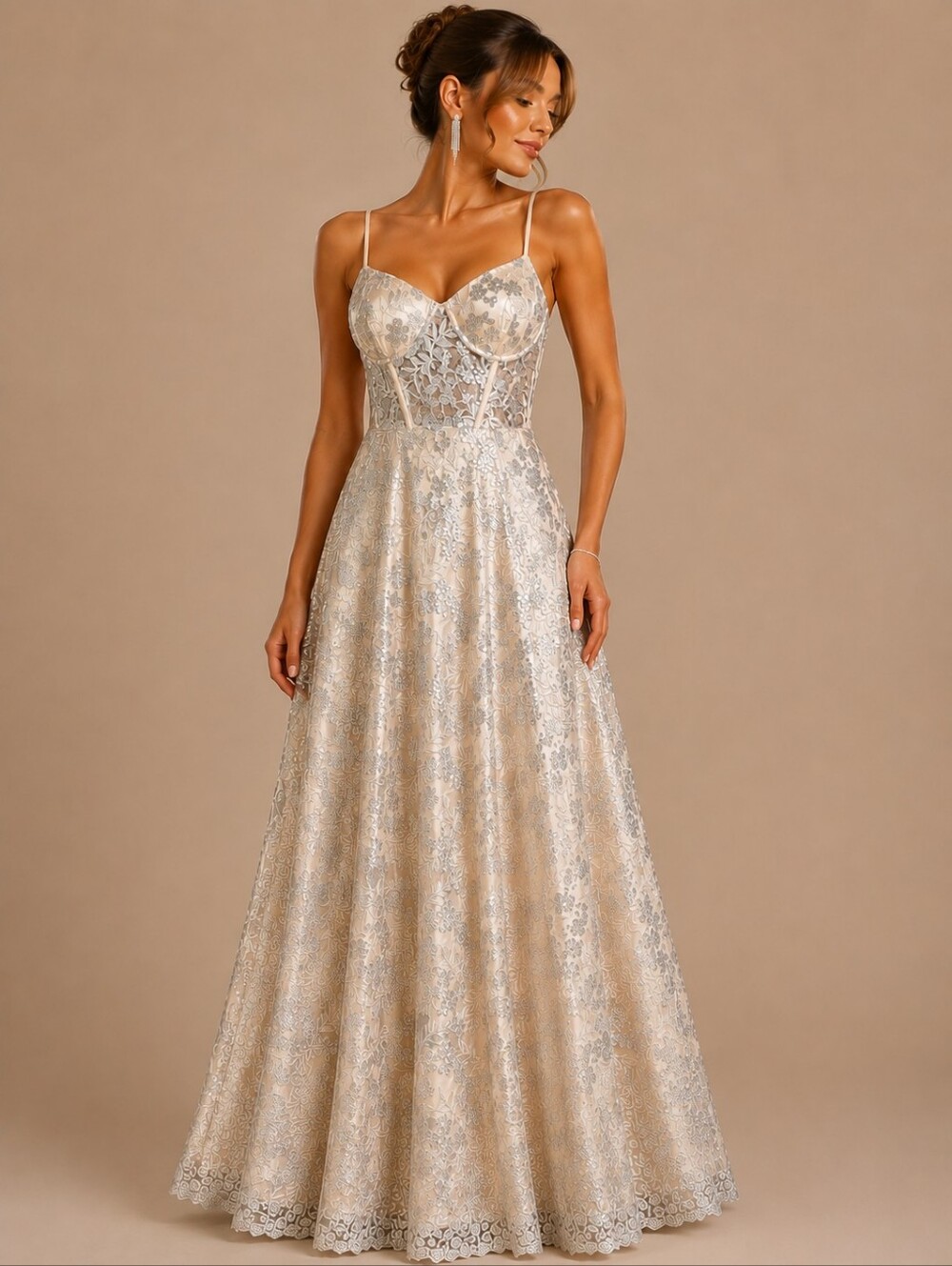 B. Darlin Size 15/16 Champagne Silver Sequin Lace Formal Prom Gown Pockets